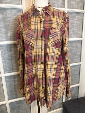Natural Reflections Mustard Plaid Shirt with Burgundy and Navy Stripes